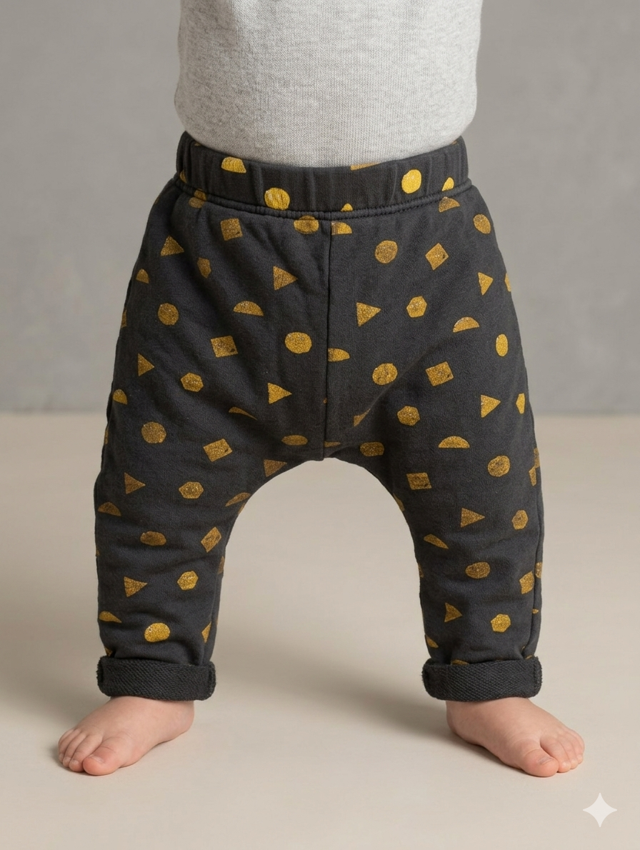 Pantalon Sarouel Bébé - Gris Anthracite & Motifs Géométriques Moutarde porté