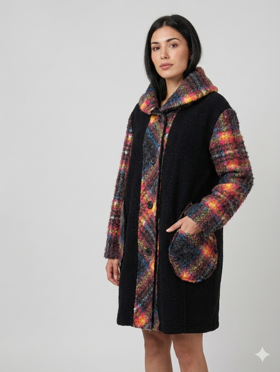 Manteau en laine noir et multicolore - "Made in italy" porté