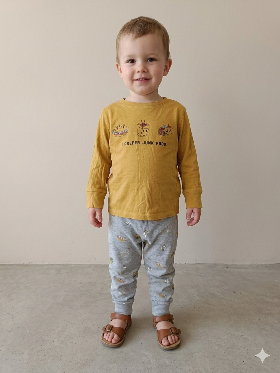 Ensemble t-shirt pantalon enfant, motif burger/tacos – "Kiabi" - Taille 3 ans porté