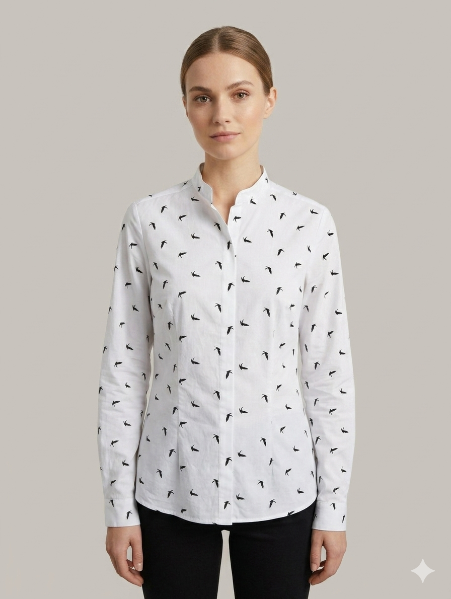 chemise blanche à motifs hirondelles noires portée