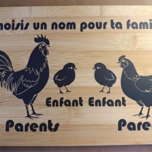 Planche famille personnalisable en bambou poule coq 2 poussin