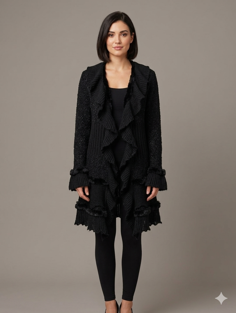 Cardigan noir à volants porté
